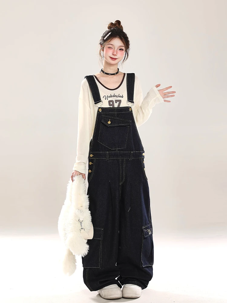 American Retro Denim Overalls Women's Loose Wide Leg Pants with Big Pockets Autumn New Style Versatile Slimming One-Piece Suit