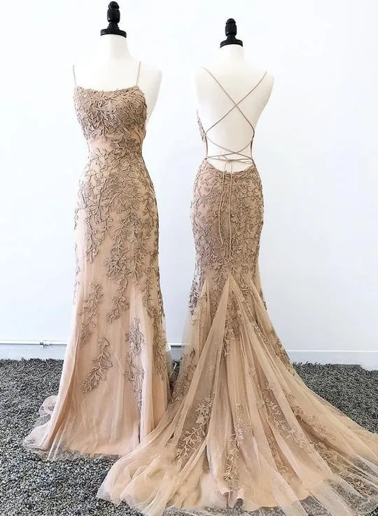 

Champagne Evening Dresses Lace Applique Crystal Mermaid Long Spaghetti Strap Backless Formal Party Prom Gowns Custom made