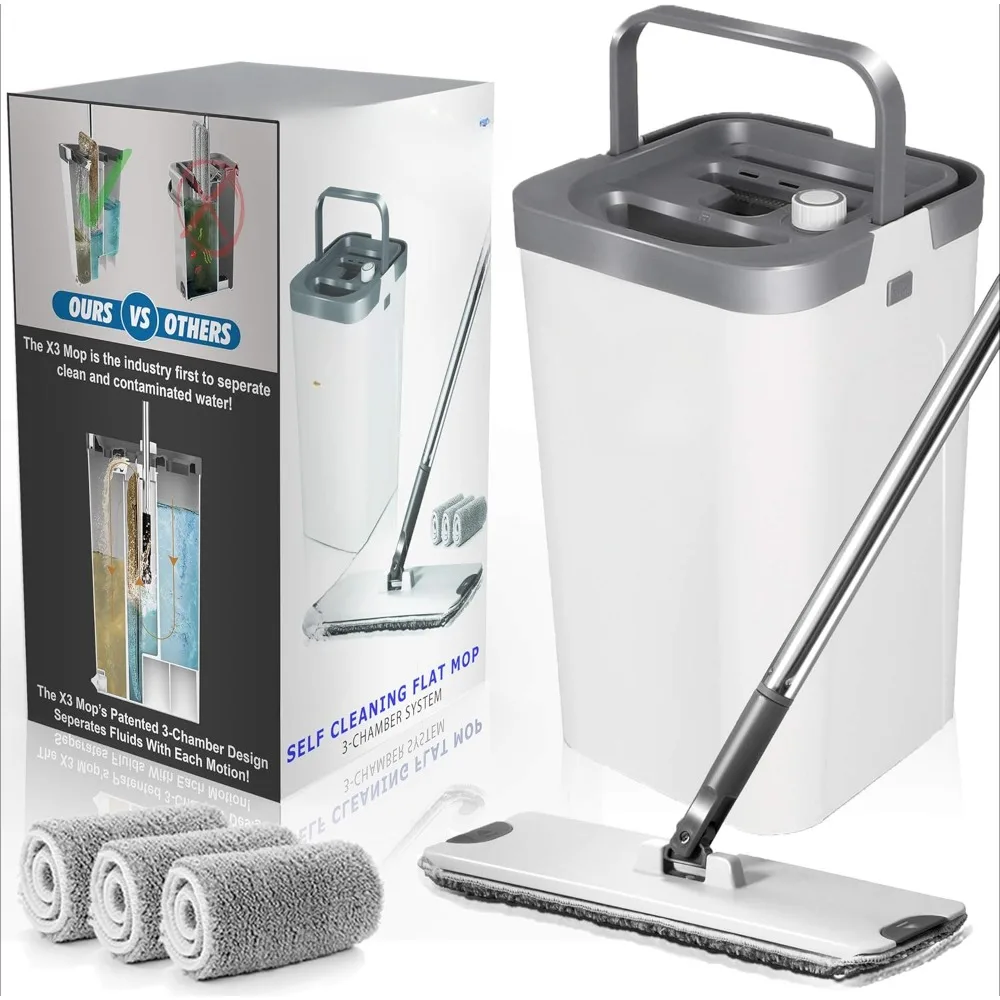 

Separates Dirty and Clean Water, Flat Mop and Bucket Set, Hands Free Home Floor Cleaning, Reusable Microfiber Mop Pads