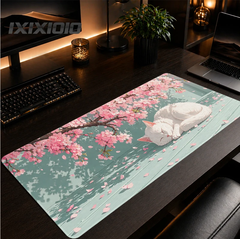 Mouse Pad White Cat under Cherry Blossoms Gamer printon demand New Large Custom Mousepad XXL Office Non-Slip Soft