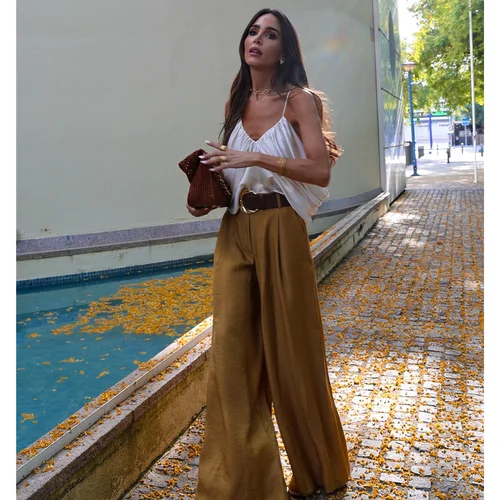 Imagen 2 del producto NOVEDAD DE VERANO 2025, pantalones informales de pierna ancha con textura satinada y cinturón a juego con temperamento de Color sólido para mujer