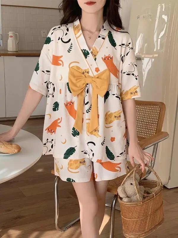 Kawaii youth girls with chest pads cotton short-sleeved cartoon thin section of home wear pajamas wear summer female shorts set