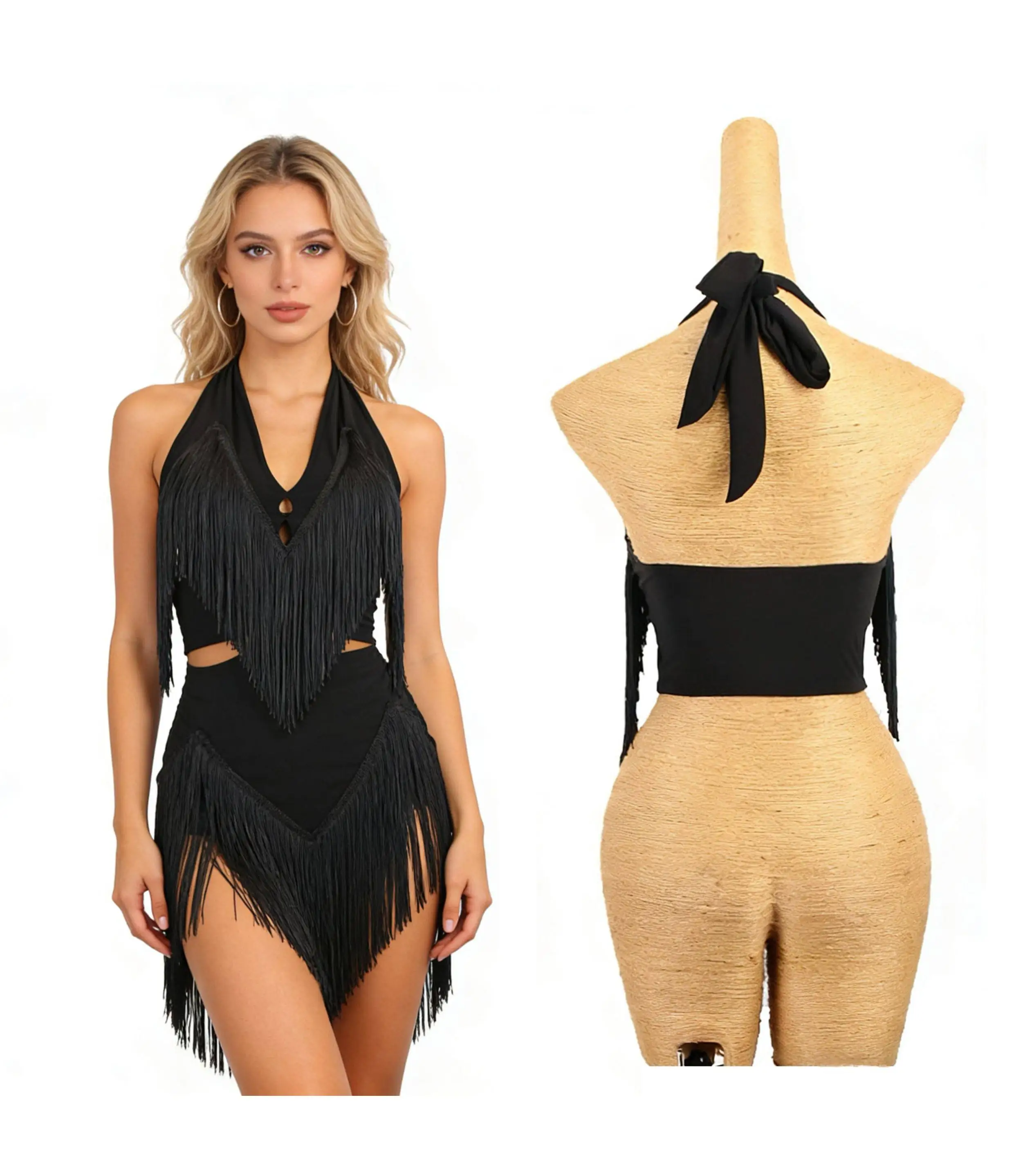 

Черные топы для латинских танцев с кисточками, блузка с бретелькой на шее и бахромой, женская одежда для ча-ча-румбы, самбы, танцевальная практика, одежда для выступлений DNV26120