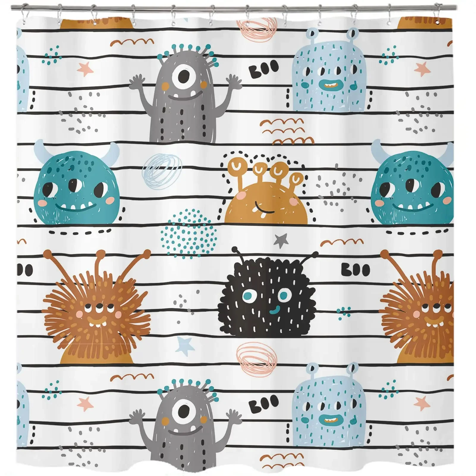 Cute Shower Curtain Funny Cartoon Monsters Black and White Bathroom Curtains Fun Creatures Waterproof Fabric Bathroom Decor Set