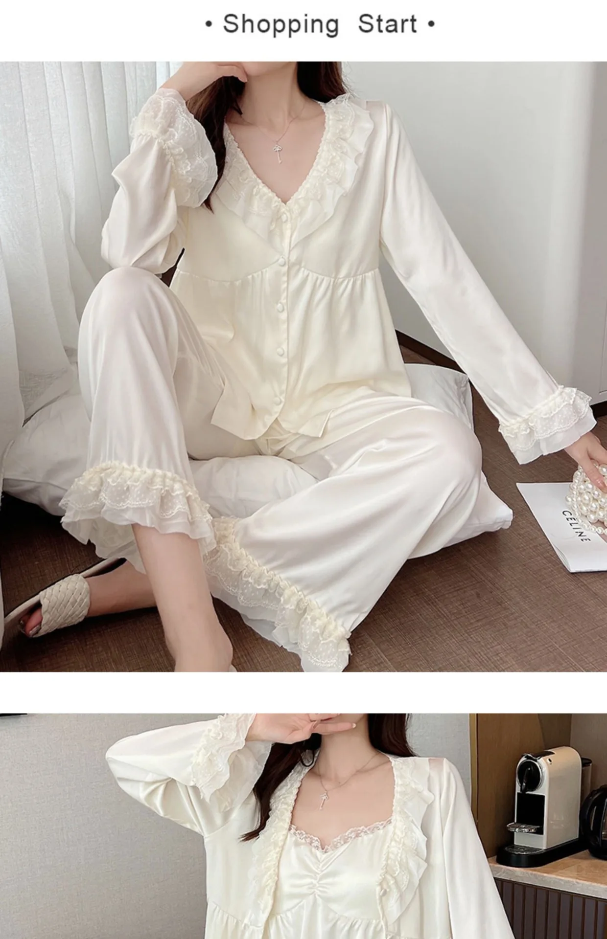 Women\'s Three-piece Set Pajamas Summer Suspender Ice Snow Silk Long-sleeved Lace Cardigan Simple Thin Spring Autumn Loungewear