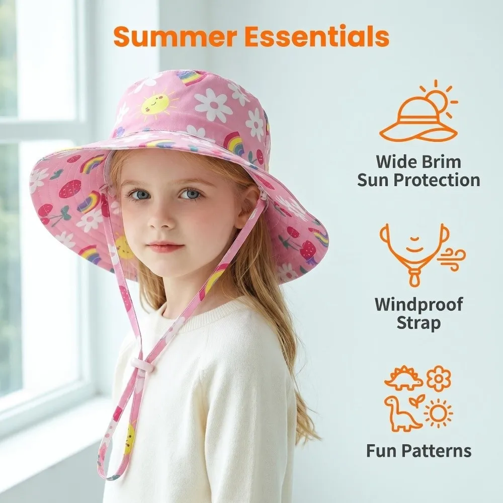 

Cute Adjustable Kids Sun Hat Cartoon Printing Wide Brim Kids Bucket Hat Breathable UV Protection Beach Hats Summer