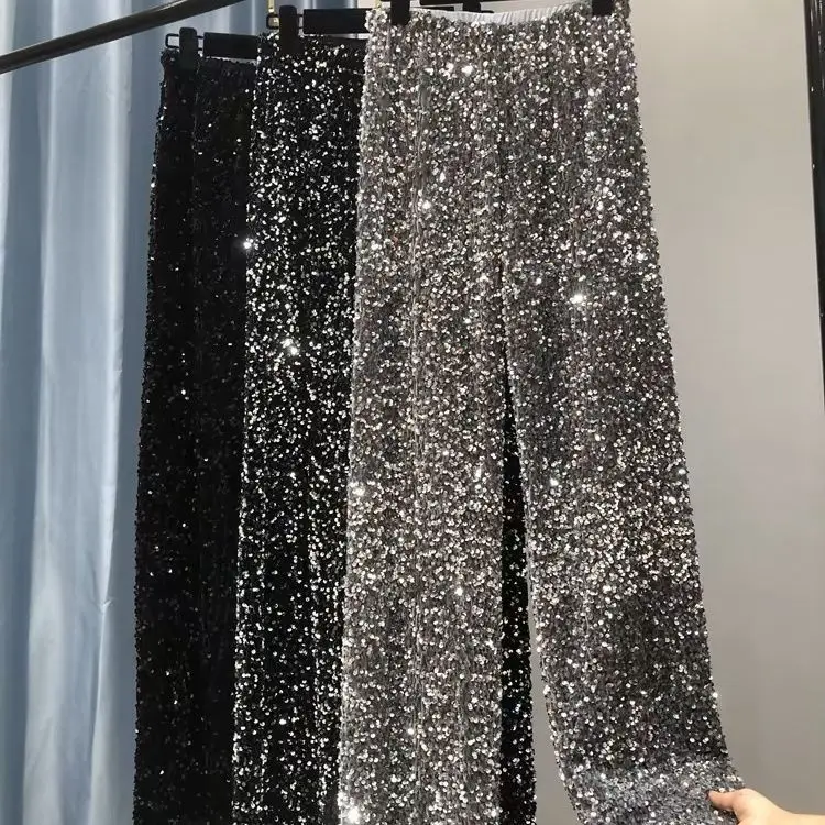 2026 Spring, Autumn And Winter New Straight-Leg Pants Drape High-End Black High-Waisted Thin Sequined Wide-Leg Pants Women