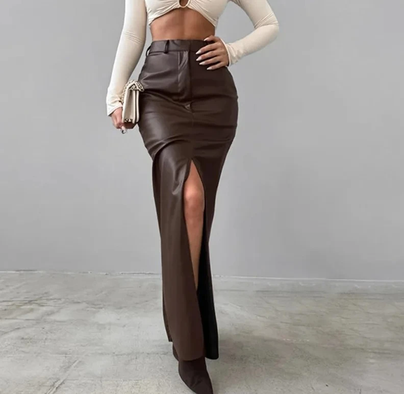 

Women's Split Design Solid Color High Waist Pu Leather Skirt Spring Fall Office Lady Trendy Streetwear Long Skirts