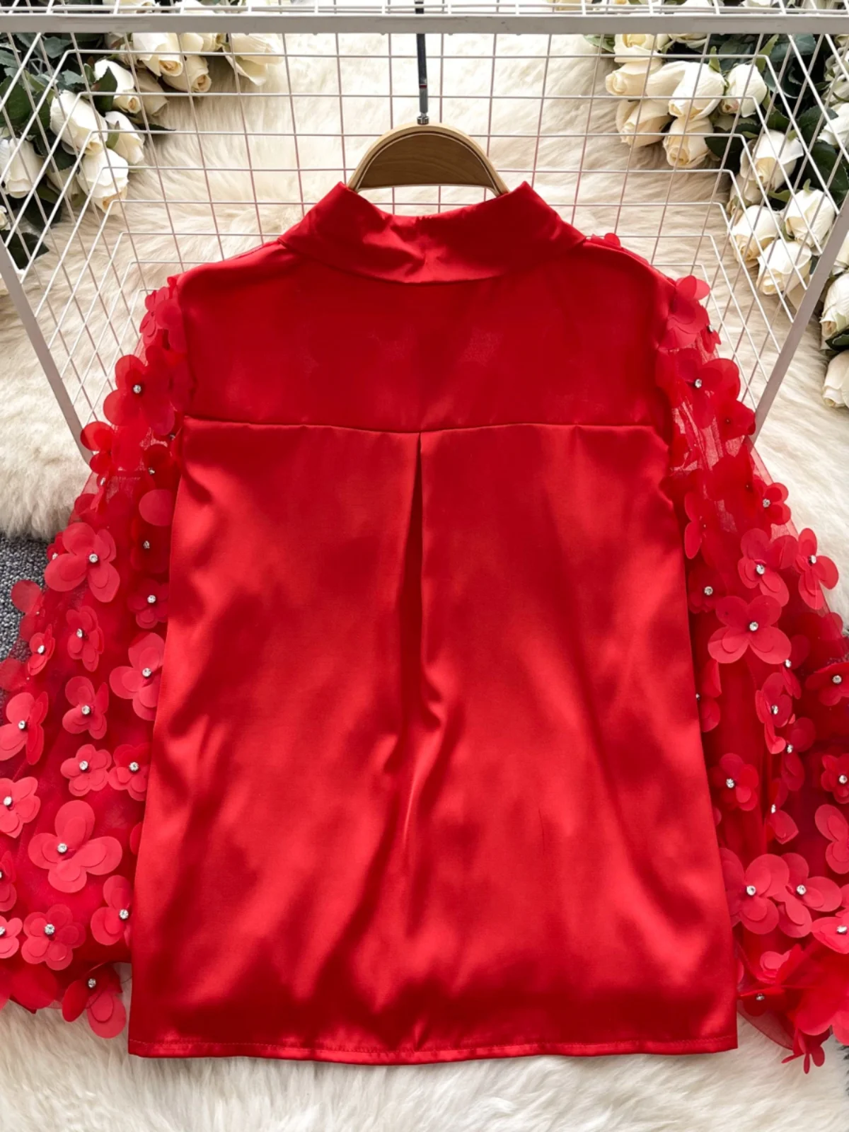 

Women's Beaded Floral Blouse Long Sleeve Loose Elegant Lantern Sleeve Shirt