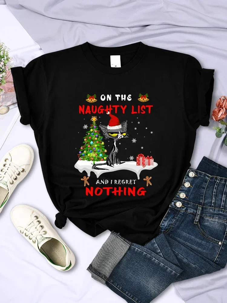 Fashion Hip Hop Casual Tees Cartoons Christmas Kittens Women T-Shirt CAT ON THE NAUGHTY LIST AND I REGRET NOTHING letter tops