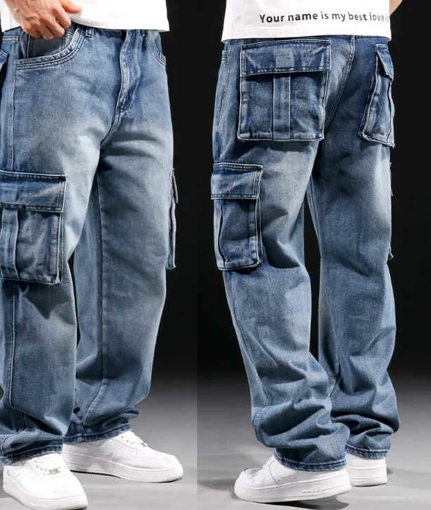 Jeans Pakaian Kerja Multi Saku Gaya Amerika, Celana Kaki Lebar Pria yang Dicuci, Jeans Kebesaran Longgar