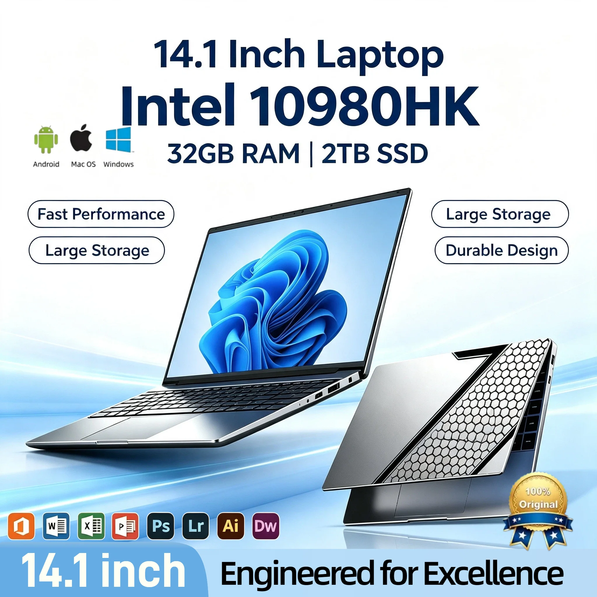 Intel i9 10980HK 14.1 Inch Ultra Light Laptop 8C16T 2.4GHz Base 5.3GHz Boost 32GB RAM 2TB PCIe SSD Backlit Fingerprint Pro Prime
