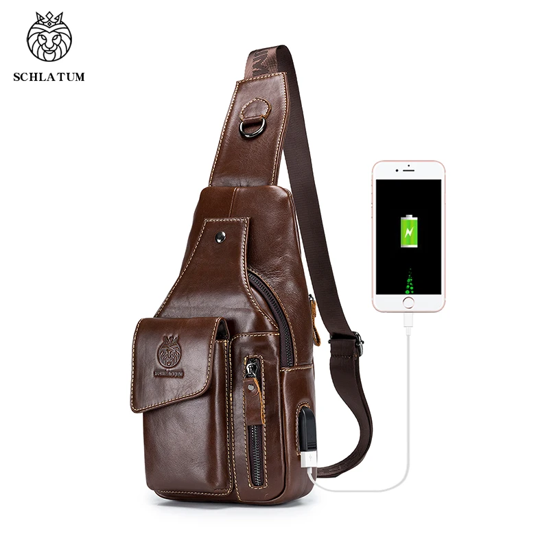 SCHLATUM 100% prawdziwej skóry wołowej Crossbody USB torba na klatkę piersiowa mężczyźni mody dużej pojemności męska Retro torba na klatkę piersiowa