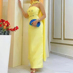 Elegant Yellow Sheather Evening Dresses With Shawl Strapless Crystal Ankle Length Women Prom Special Occasion Dress Party Gown