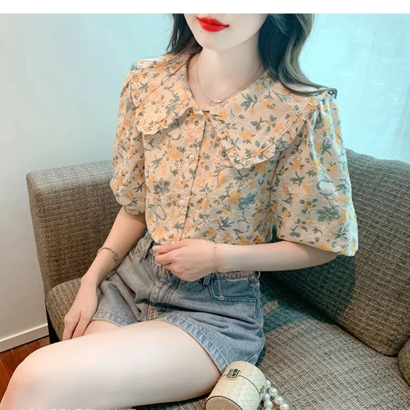 Temperament Sweet New Summer Women\'s Peter Pan Collar Printing Single Breasted Fashion Versatile Loose Puff Sleeve Shirts Tops