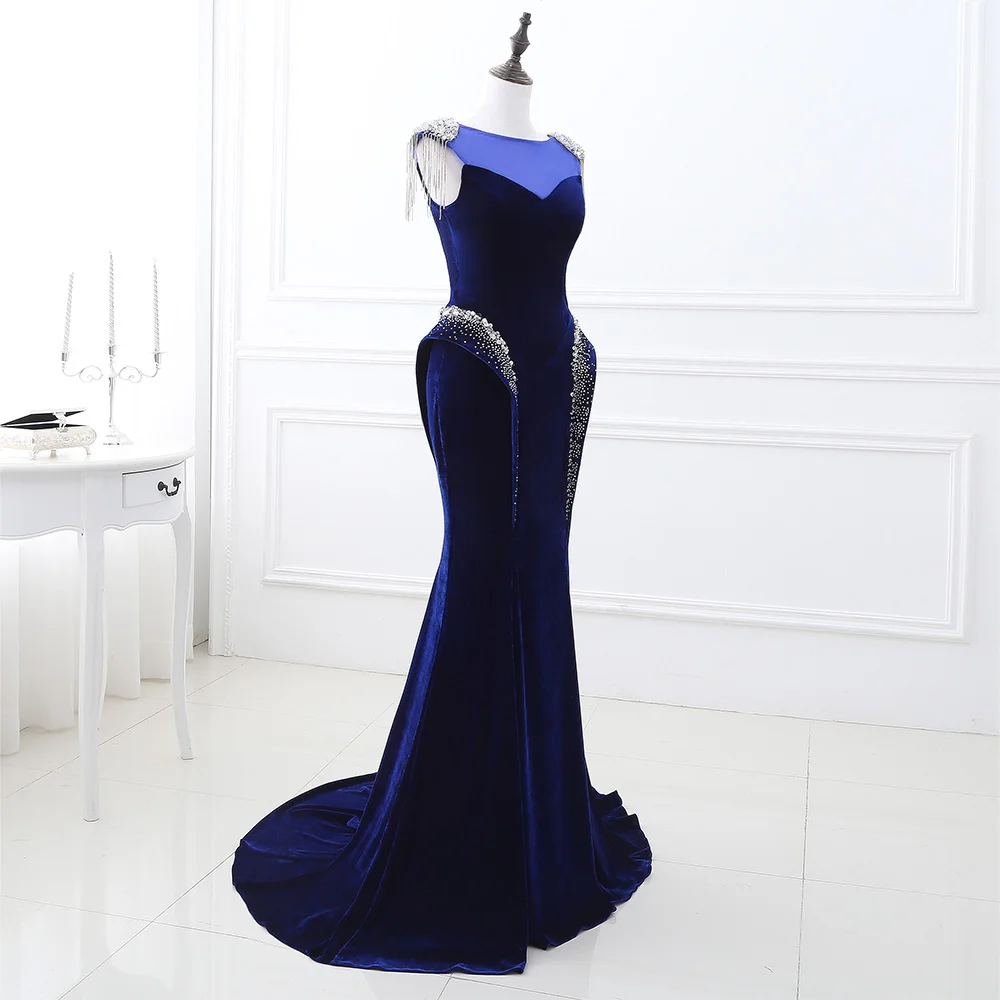 Classic Velvet Mermaid Crystal Evening Dress High Quality Floor Length Crew neck Sleeveless فساتين سهره نسائيه فخمة