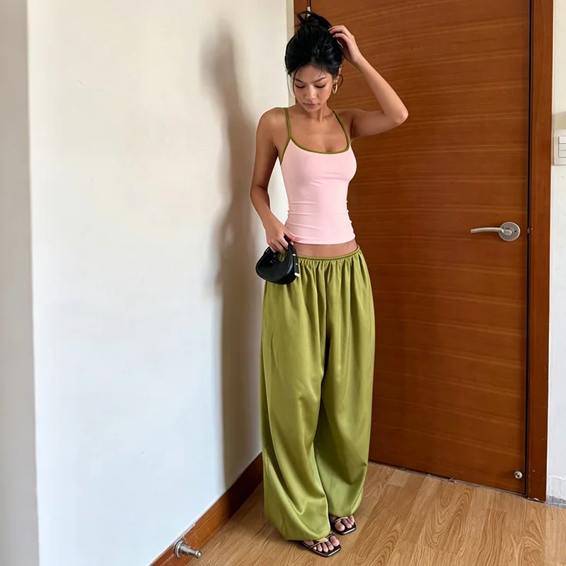 

Color Patchwork Casual 2 Piece Set Women Fashion Camis Crop Tops + Glossy Satin Wide Leg Pants Knickerbockers Streetwear Suits