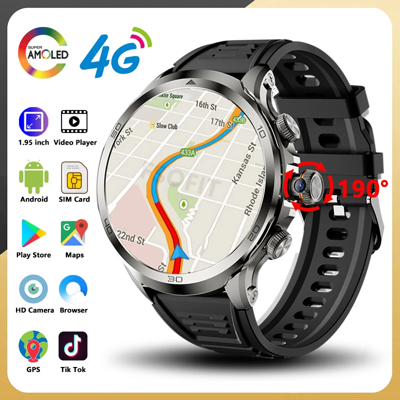 4G Net SIM Card Android Smart Watch 1.95-inch AMOLED Google Play Face Unlock Download APP Camera GPS WIFI NFC Call Smartwatch