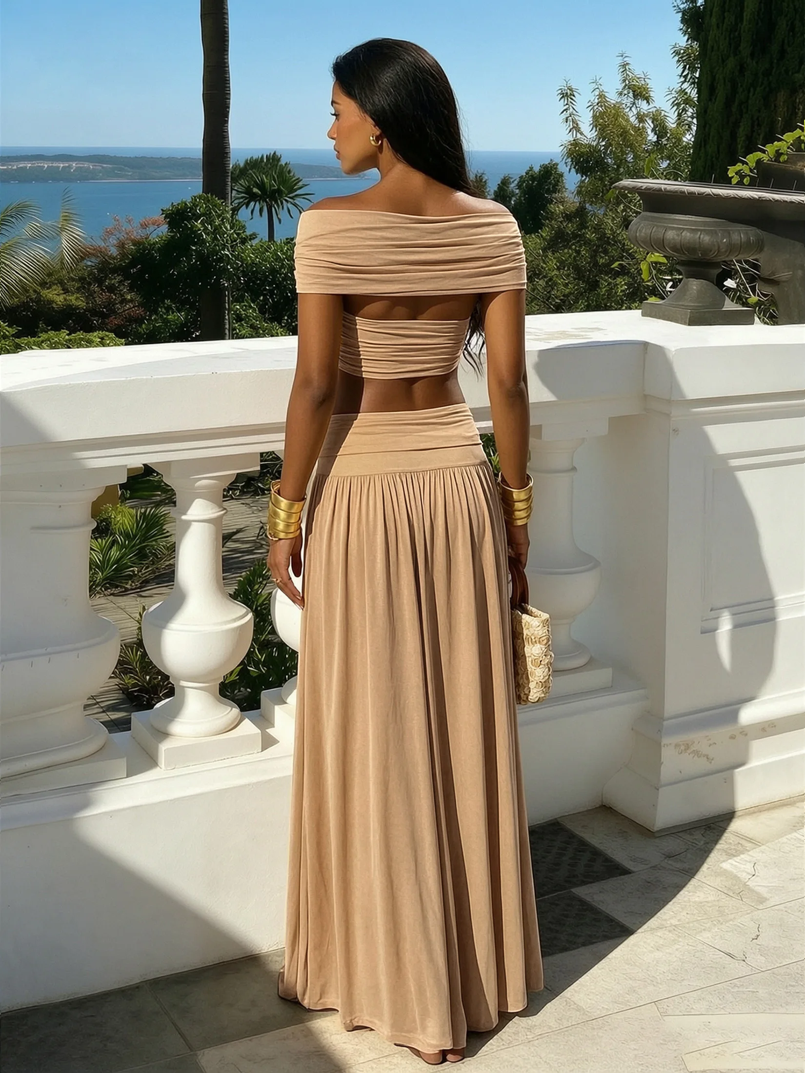 Women's Clothing Off Shoulder Crop Top Maxi Skirt 2 Piece Set Bohemian Backless High Split Summer Beach Vacation Outfits K360