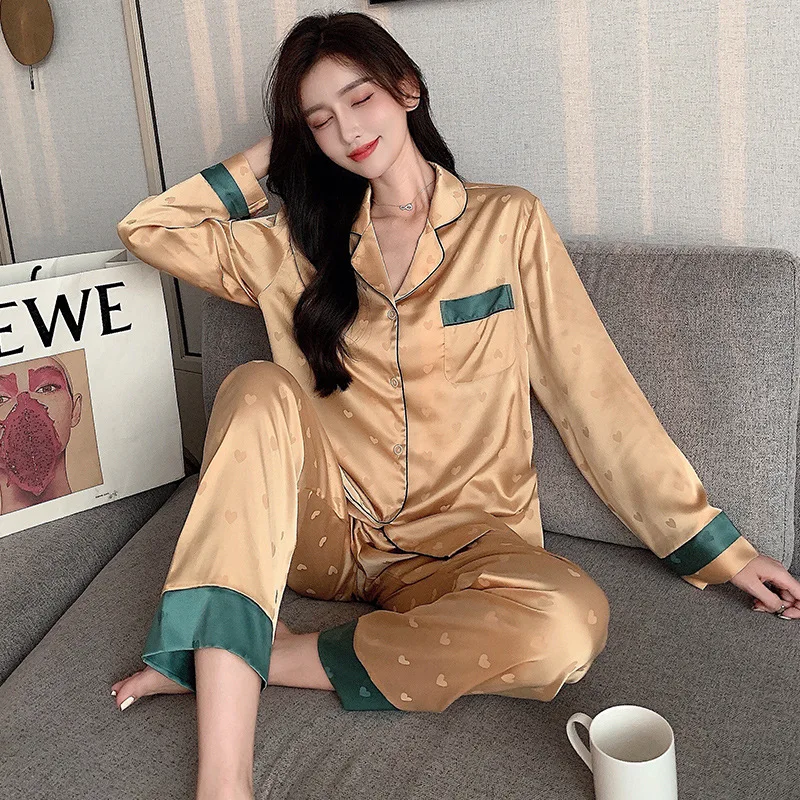 Top Autumn New Ice Silk Women Pajama Lapel Button Cardigan Outfits for Women 2 Piece Set Fashion Printing Set Clothes for Women 5
