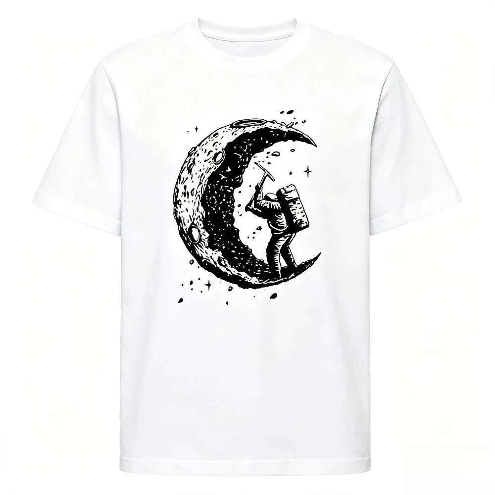 Vintage Astronaut Mining Crescent Moon Graphic Men Crew Neck T Shirt Cotton Short Sleeve Space Art Casual Summer Tops