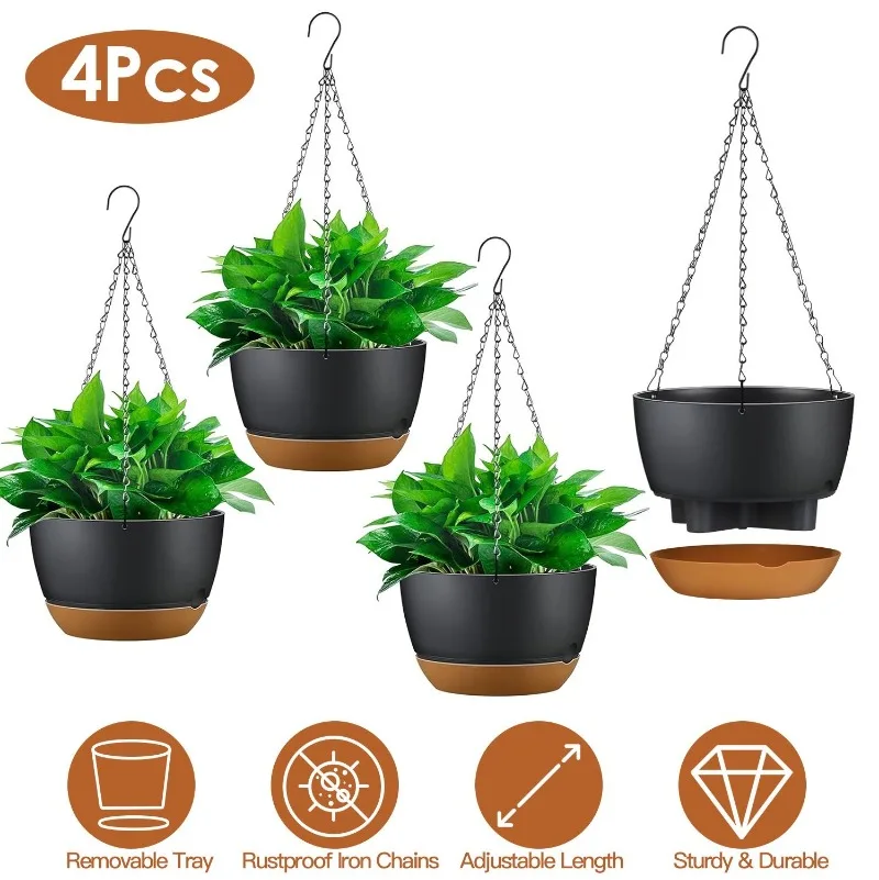 

Hanging Planters Drainage Holes Removable Tray Plastic Hanging Pots Indoor Outdoor Planters for Flower Succulents Balcony Garden