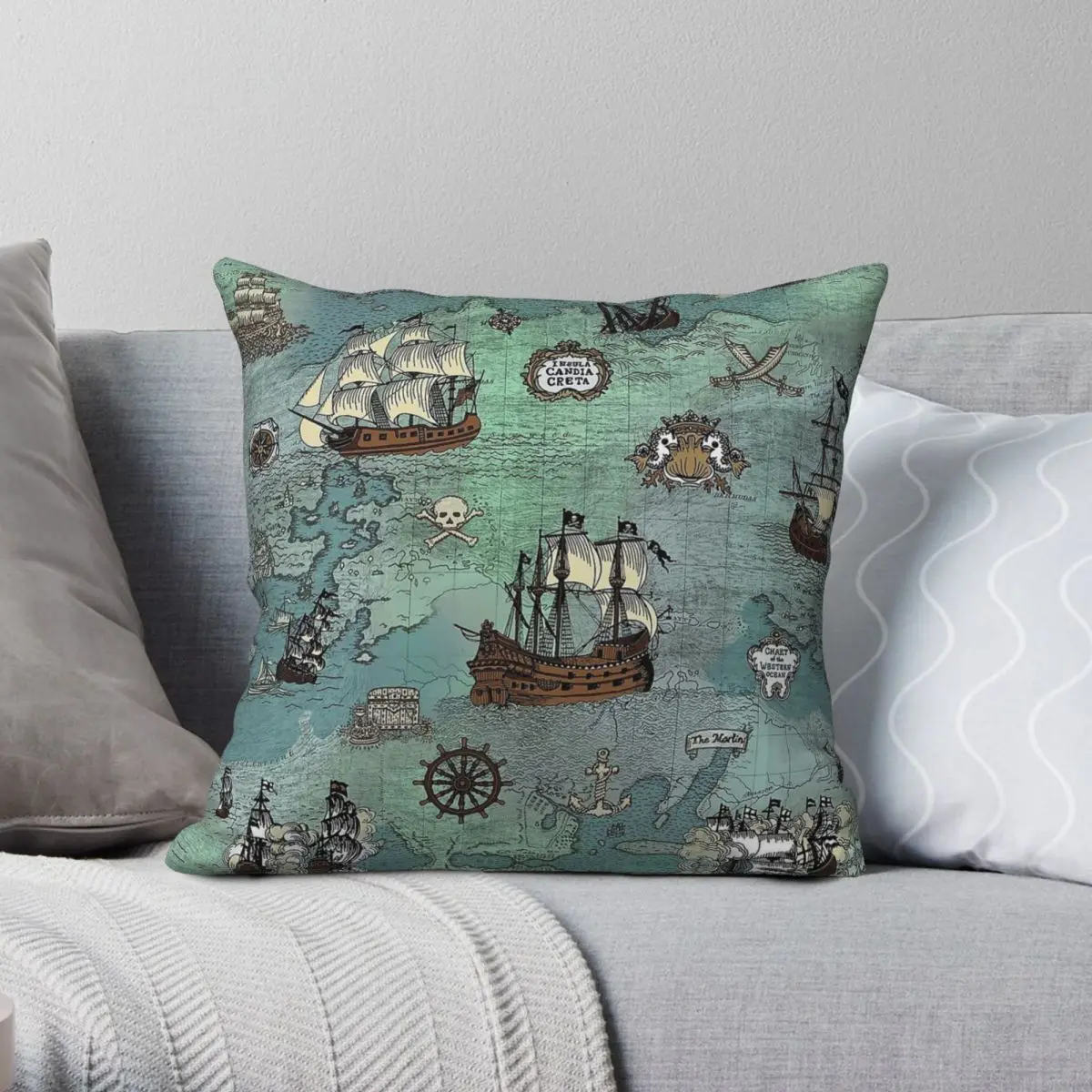 Pirate Map Nautical Sea Ocean Blue Pillowcase Polyester Linen Velvet Creative Zip Decorative Throw Pillow Case Sofa Seater Cover