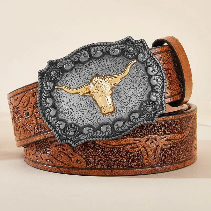 Nuevo cinturón de vaquero occidental para hombre, piel sintética negra bonita y genial con diseño en relieve y cinturón elegante con hebilla de aleación para hombre