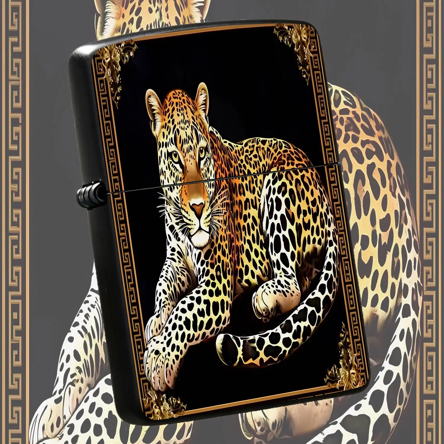 Vintage Art Lighter With Gilded Leopard Print Classic Greek Key Ornate Frame Exquisite Decorativeportable Stylish Accessory Ideal For Daily Use Gifting Party Collection Multi-Scenario Practical Elegant Present For Frien A Humorous And Inter