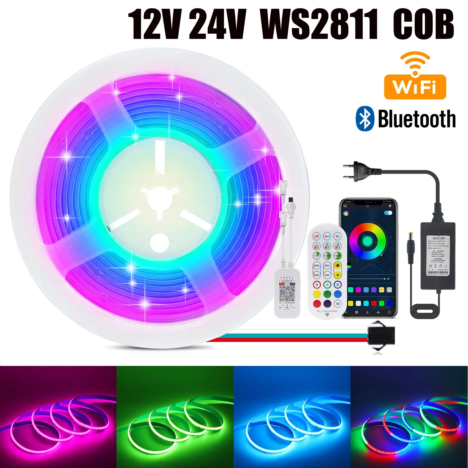 12V 24V WS2811 Dream Color COB RGB LED Strip WIFI Bluetooth APP Control TV BackLight Room Decor 576  Pixel Flexible Ribbon Light