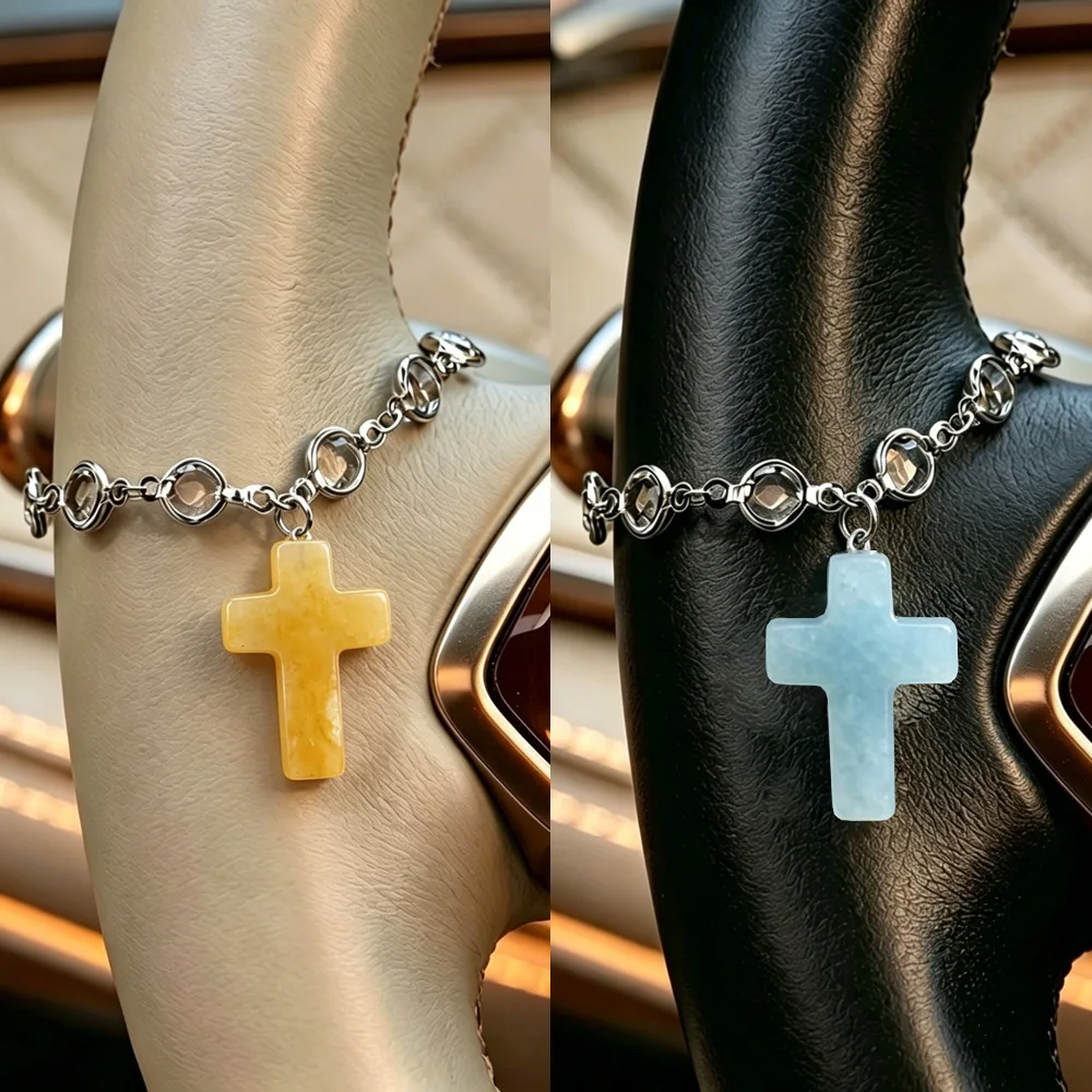 10pcs Steering Wheel Decor Chains Cross Stone Pendant Car Hanging Ornaments Fashion Auto Interior Stone Accessories Decor Gifts