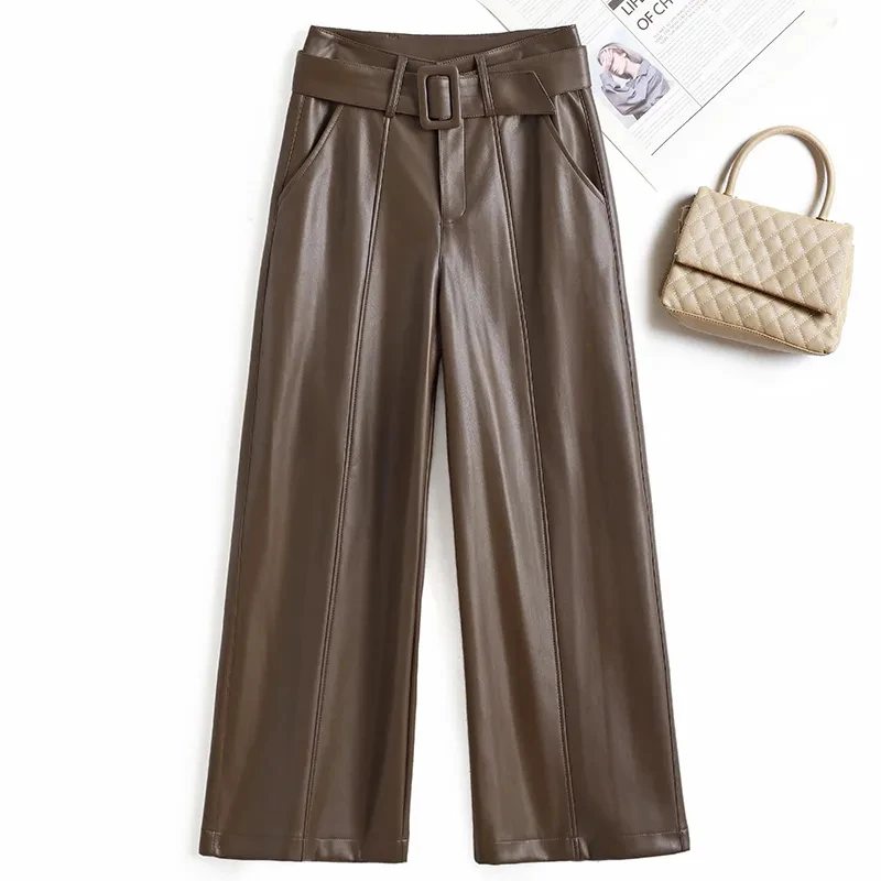 Fashion Sheepskin Leather Pants Women Casual Loose Wide Leg Pants Lady Split Leather High Waist Ankle-Length Straight Trousers