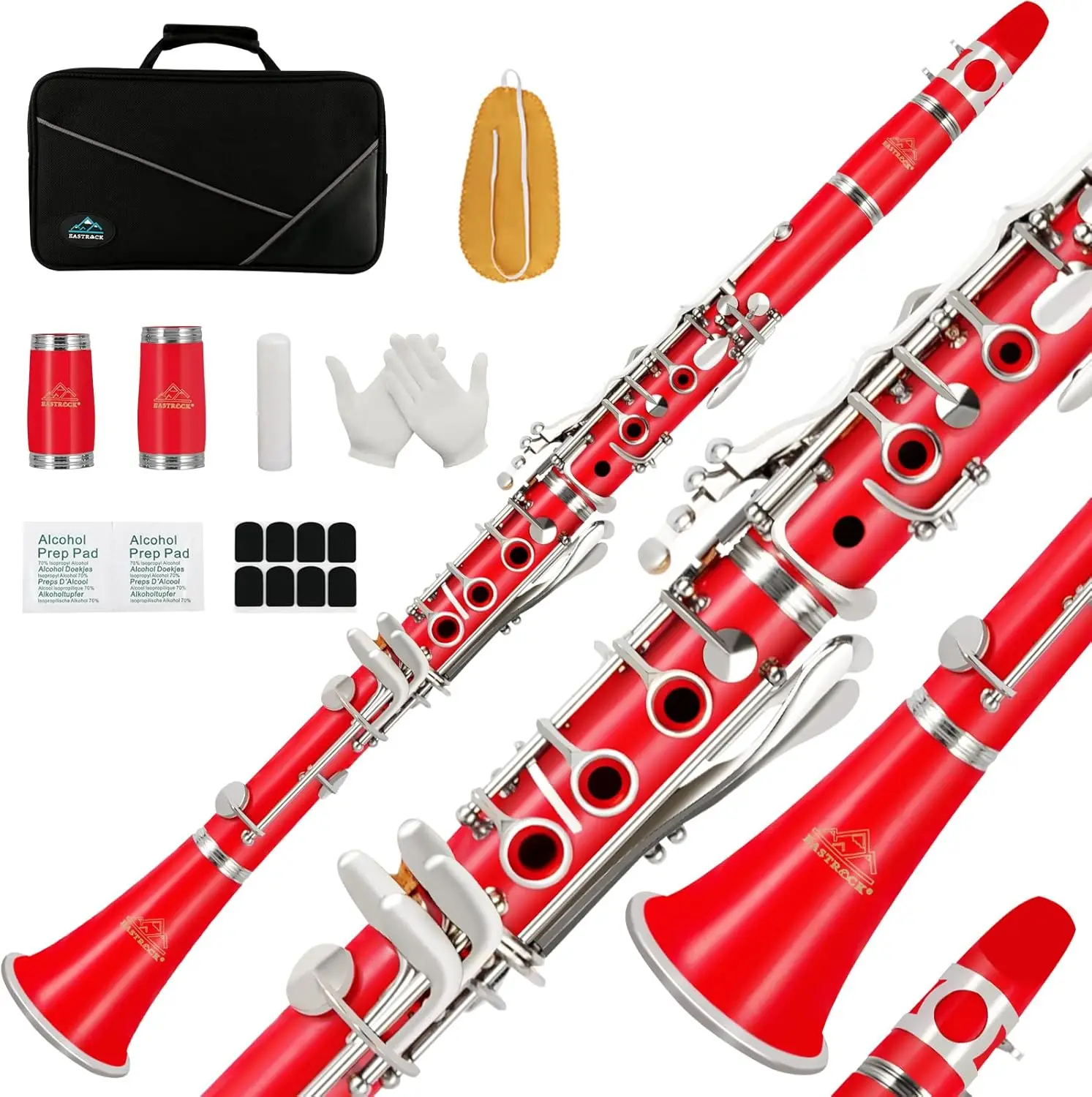 Clarinet Bb Flat 17 Nickel Keys Red Student Clarinet for Beginner with 2 Barrels Hard Case and Clarinet Cleaning Kit.