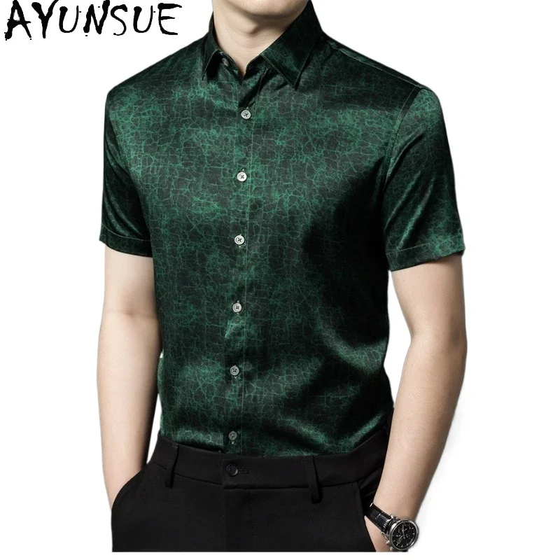 

AYUNSUE 92% Real Mulberry Silk Shirts for Man Clothes Summer High Quality Short Sleeve Men Shirt Casual Tops Camisas Masculina