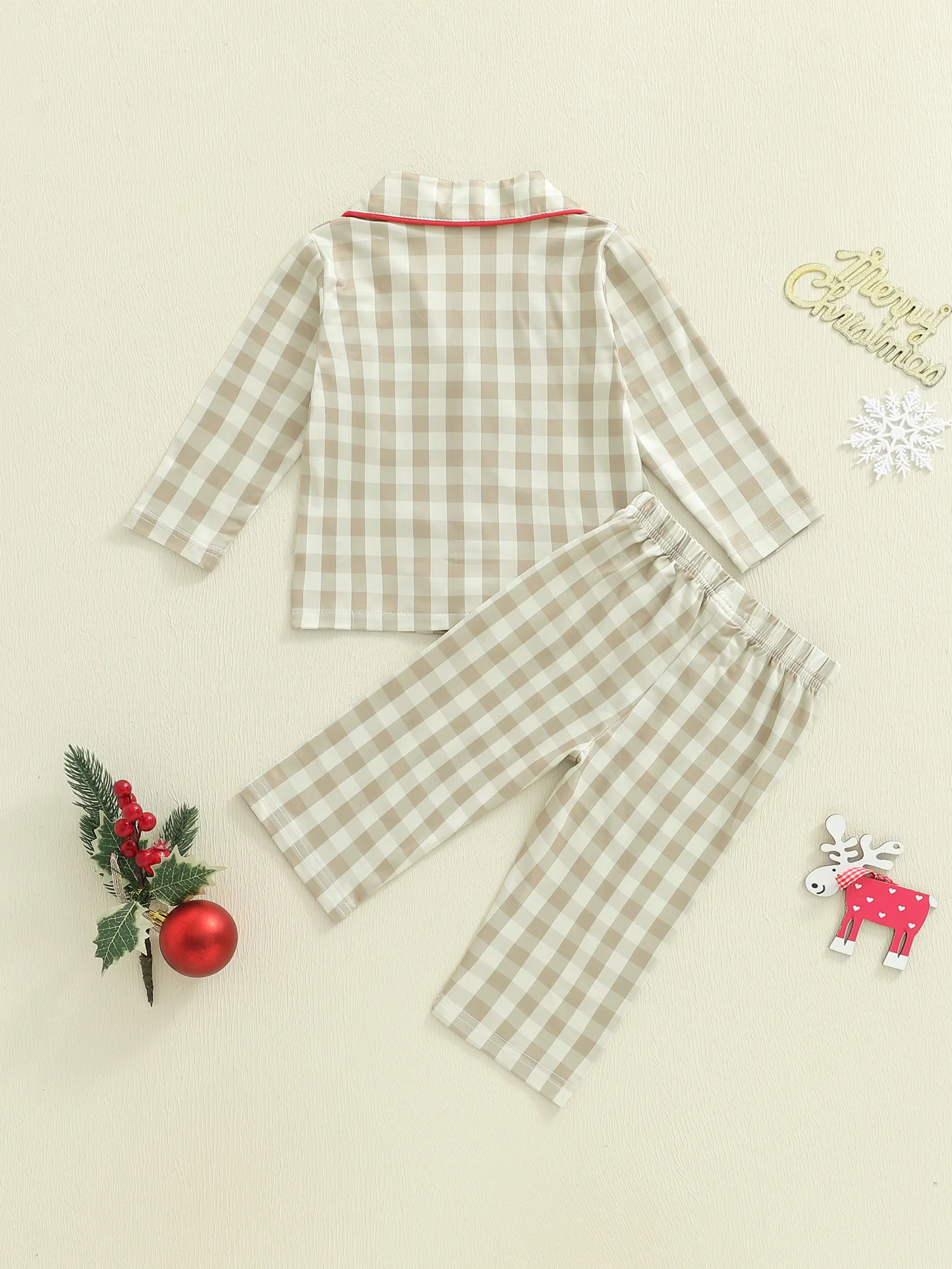 Infant Toddler Plaid Pajama Set with Christmas Gingerbread Embroidery Lapel V Neck Long Sleeve Top and Pants 2-Piece