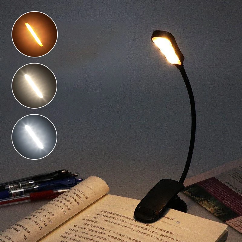 Luz de lectura recargable Mini 7 LED, luz de lectura de 3 niveles, blanco frío cálido, Flexible, fácil Clip, lámpara de lectura nocturna en la cama