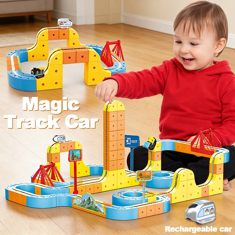 Elektryczny pociąg na magnetyczne szynach dla dzieci, klocki konstrukcyjne, labirynt, zabawki edukacyjne, prezent na Boże Narodzenie.