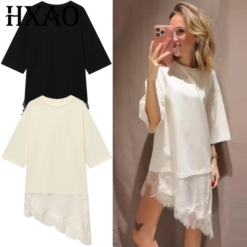 HXAO Spitze Übergroßes T-Shirt Sommer Herbst Weibliche Y2K Off White Kurzarm Top Frauen Plus Größe Lange T-Shirt Chic Streetwear Top