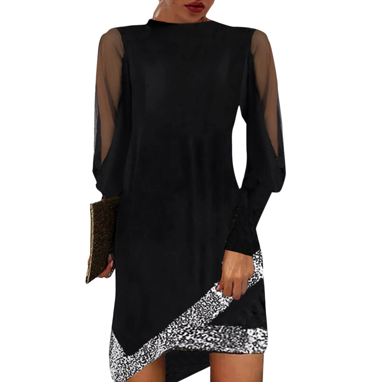 

Glamorous Shiny Sleeve Dress Women Stitching Asymmetrical Black V-Neck Dress Mini Mesh Long Irregular Dresses Evening Wedding