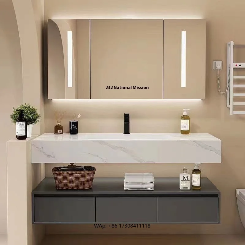 

Modern Simple Practical Solid Wood Rock Board Drawer Double-Layer Bath Mirror Washbasin Storage Cabinet Lacquer Finish Factory