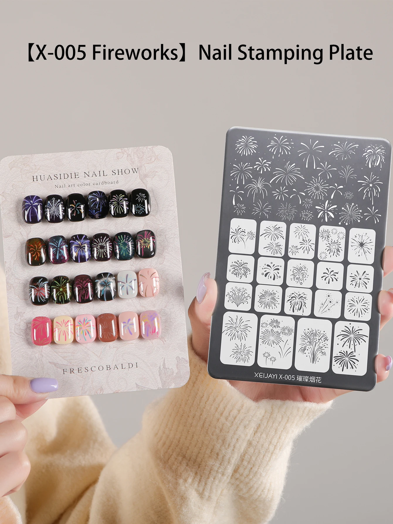 1 Stück Feuerwerk-Nagelstempelplatte mit Designkarte – wiederverwendbare Metallstempelschablone für Nagelkunst, DIY-Nageldesign-Werkzeug