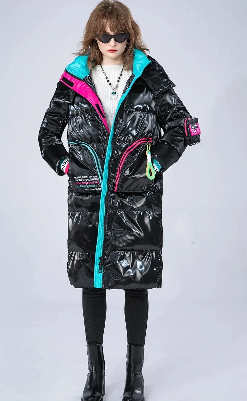 Winter Glossy Long Hooded Jacket Parka Women White Duck Down Big Pocket Knee Length Down Jacket Female Warm Down Outwears Coat