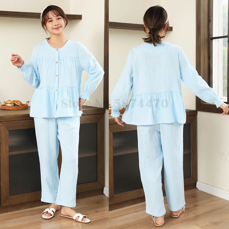 Autumn New Cotton Home Clothes Women's French Court Style Sleepwear Long Sleeve Pants Pajama Set Fashion Blue Fresh Nightwear