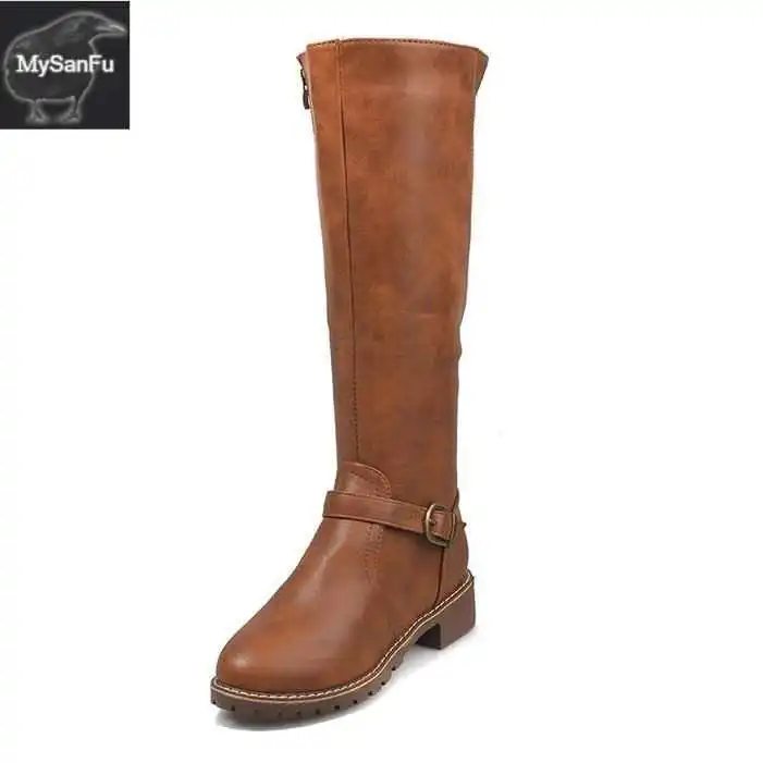 

Женские зимние ботинки на плоской подошве из искусственной кожи, высокие сапоги Long oes Sweet Sle с круглой головкой, ботинки на низком каблуке с боковой молнией