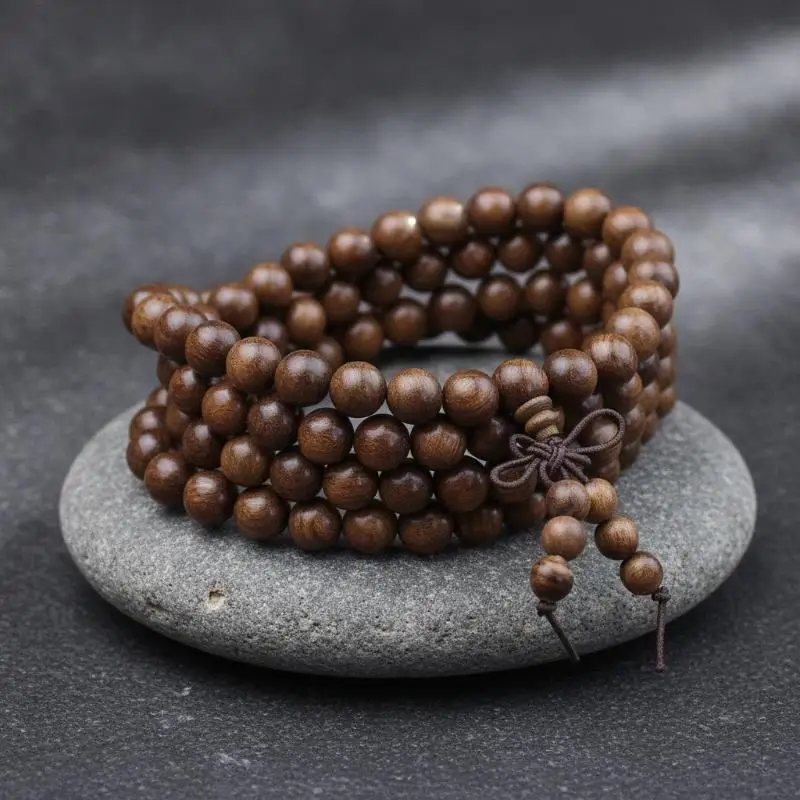 Natural Wood 108 Mala Beaded Bracelet Smooth Finish Mild Fragrance For Meditation Yoga Daily Wear