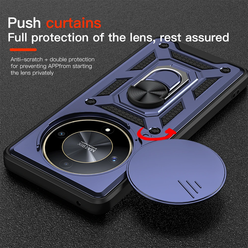 KEYSION Shockproof Case for HONOR X9b 5G Slide Camera Lens Protection Ring Stand Phone Cover for Huawei Honor Magic 6 Lite 5G