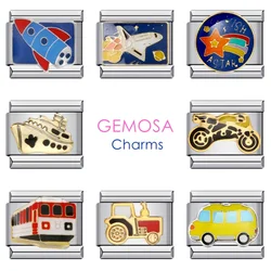 GEMOSA Colorful Glaze Spaceship Cruise Ship Car Charms Italian Links 9mm Bracelets Bangle Stainless Steel DIY Making Jewelry