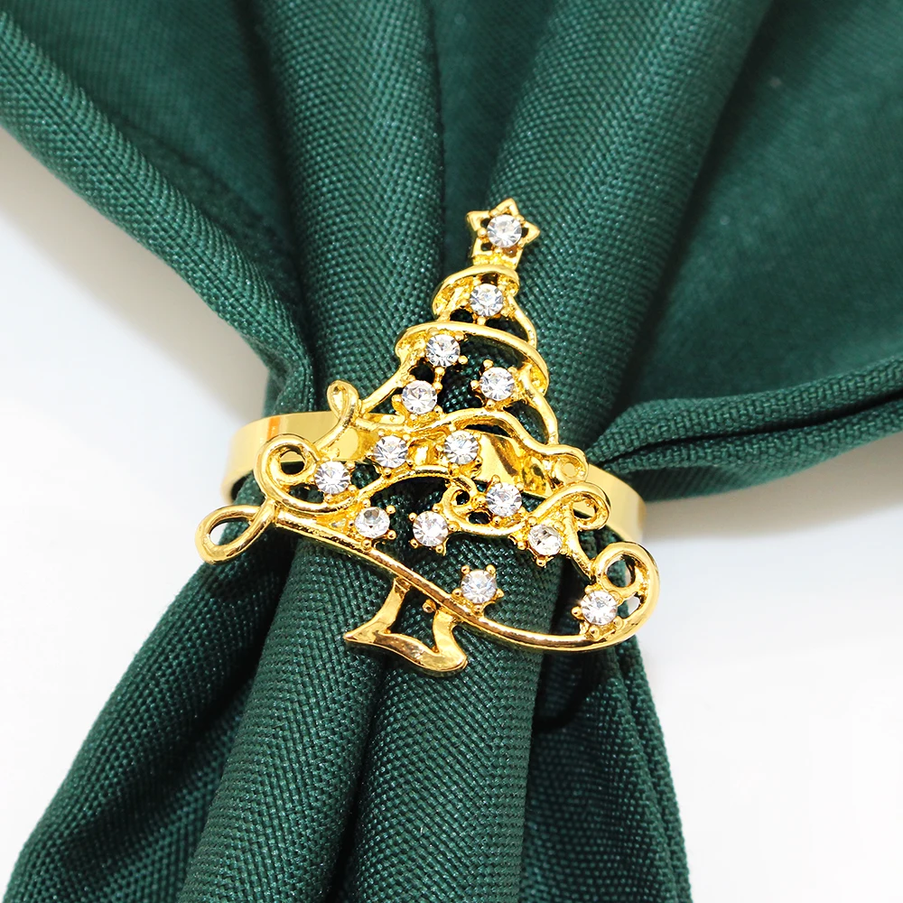 6Pcs Gold Christmas Napkin Rings Set Rhinestone Snowflake Xmas Tree Napkin Holders for Wedding Holiday Party Dinner Table Decor