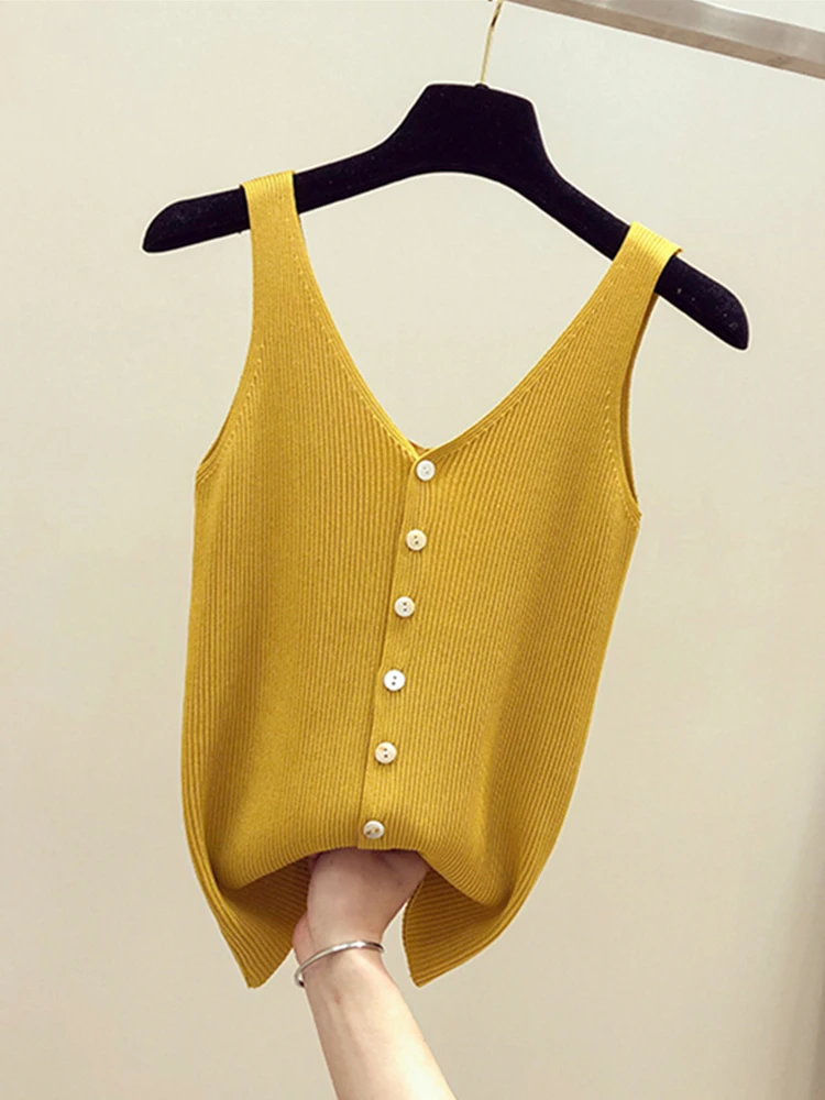 Women's Knitted Button-Up Vest Inner Wear Base Layer Tank Top Short Style V-Neck Breathable Slimming Fashion Casual