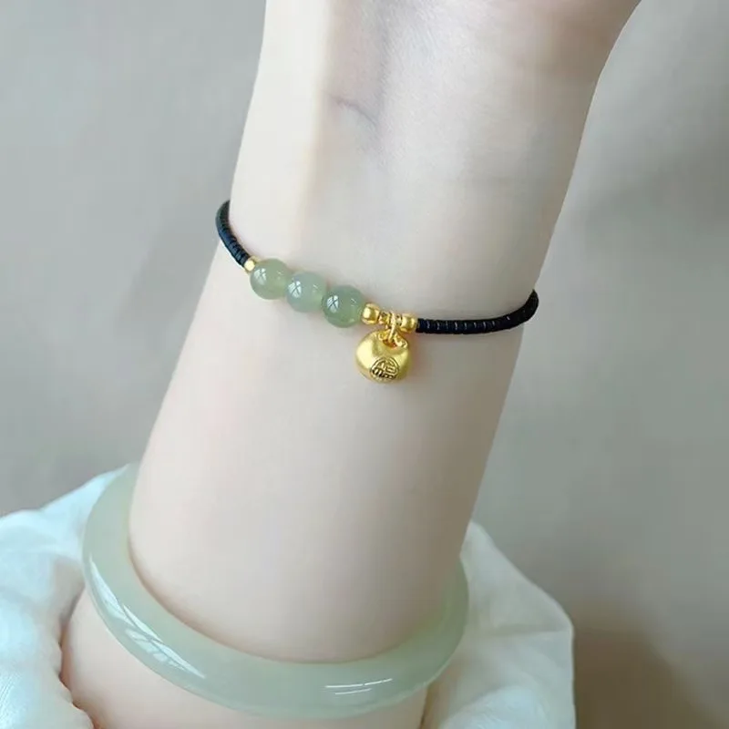 Gold Plated Lucky Charm Green Crystal Beads Wine Red/Black Rope Chain Braided Bracelet Women Men Fashion Hand Accessories 1612